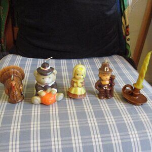 5 VTG UNUSED candles, 2-Gurley Thanksgiving Pilgrim Girl & Boy, Turkey, & more